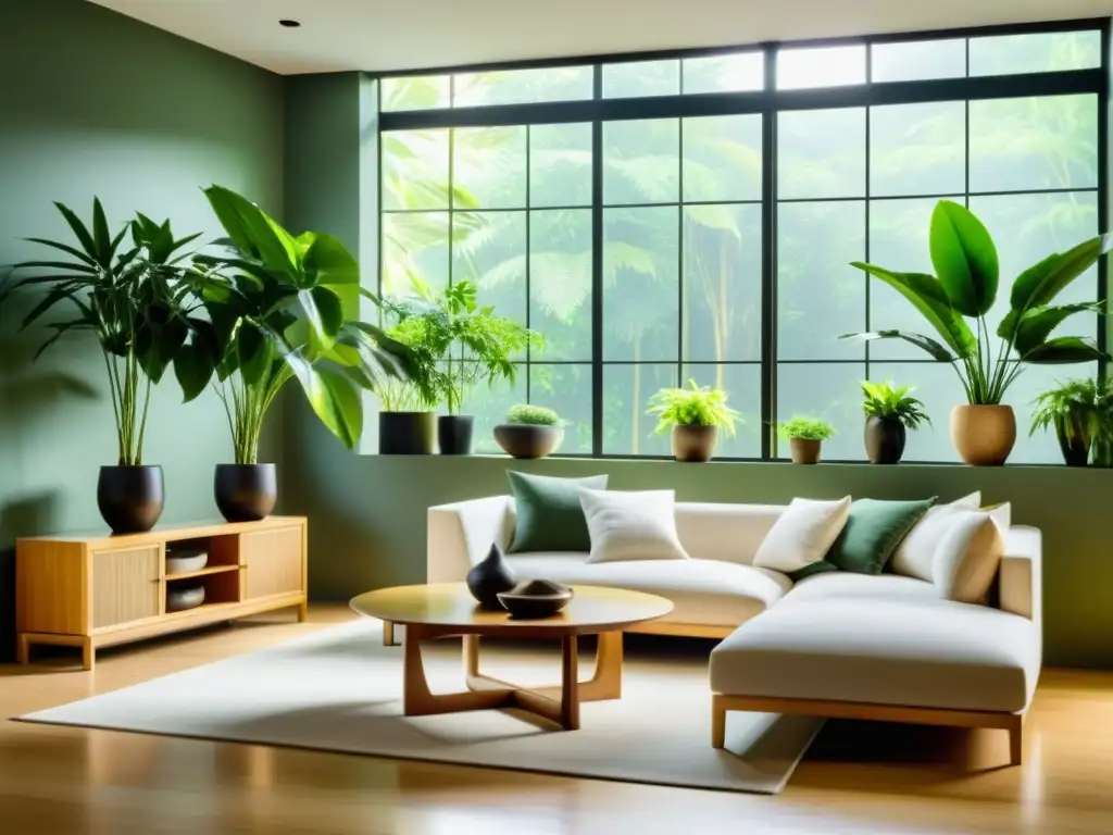 Un salón sereno y minimalista con exuberantes plantas verdes estratégicamente ubicadas según los principios del Feng Shui para atraer prosperidad