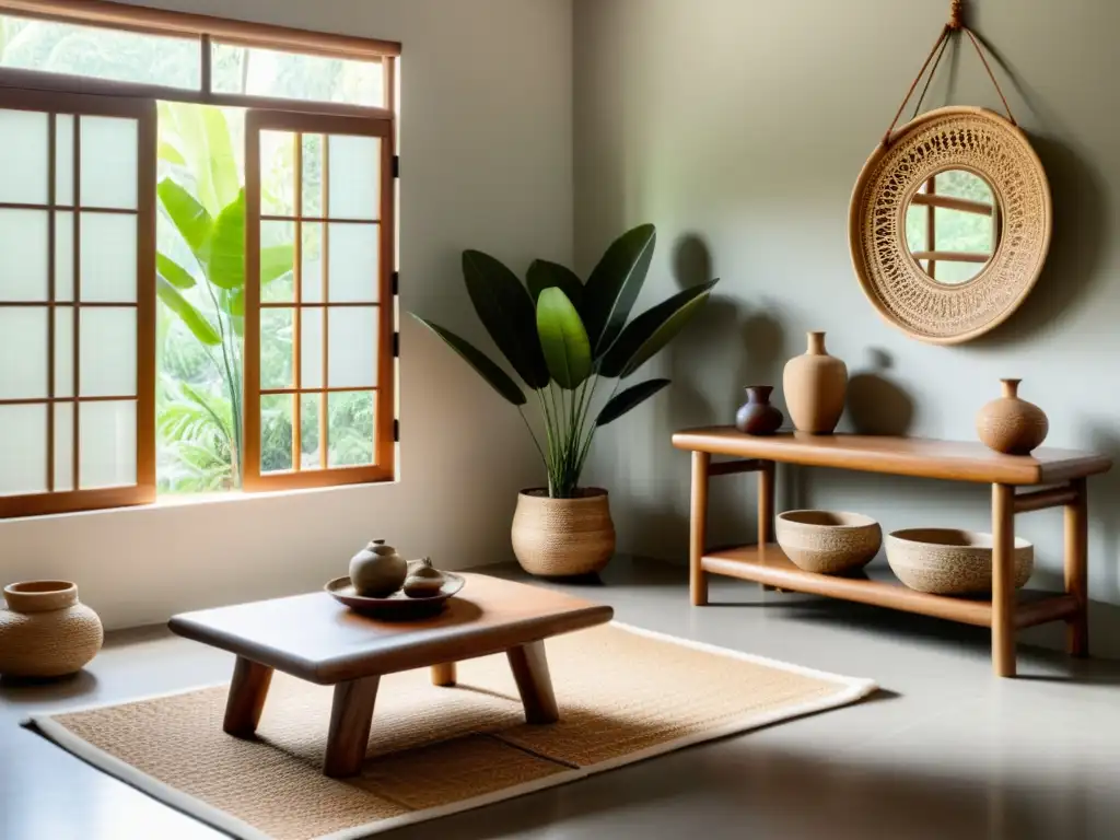 Salón sereno con decoración minimalista filipina, resaltando el Feng Shui en la decoración del hogar con tonos terrosos y muebles de madera