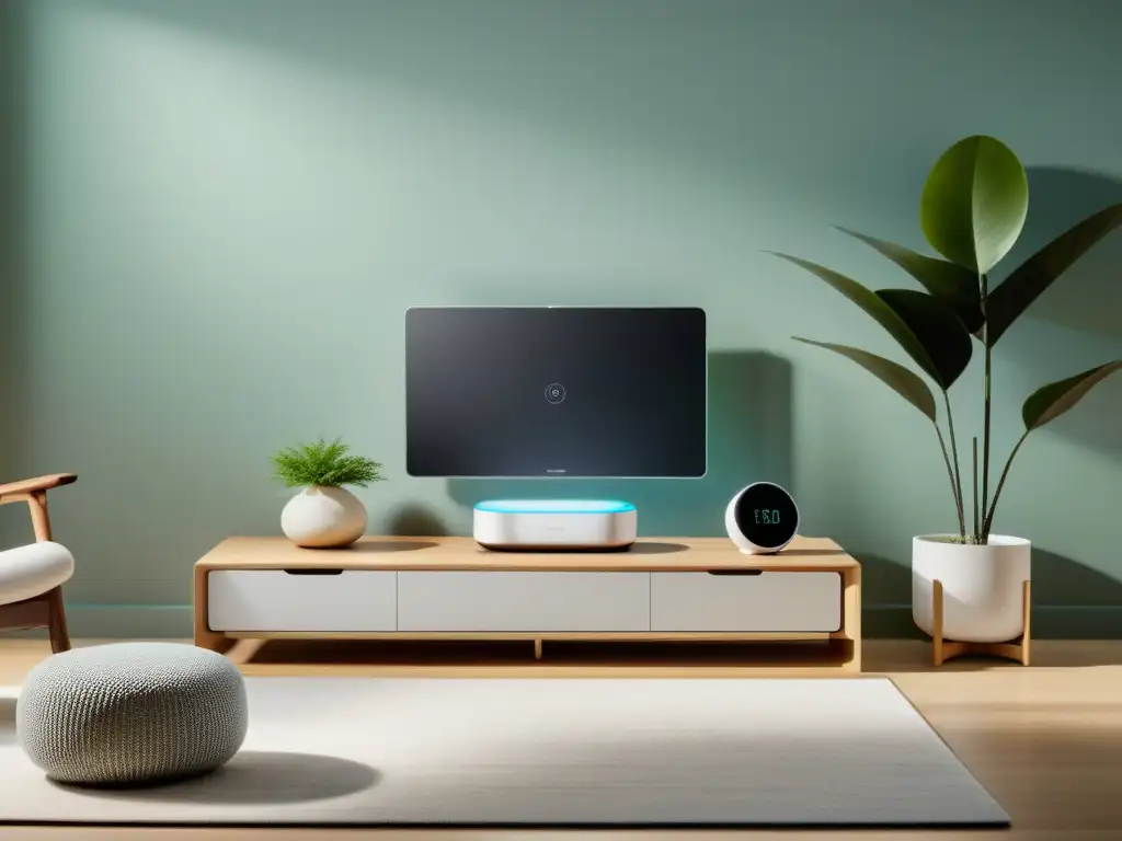 Un salón sereno con decoración minimalista, donde los gadgets compatibles con Feng Shui crean armonía