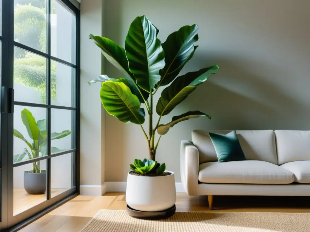 Un salón sereno y minimalista con una gran planta de ficus lyrata en una elegante maceta blanca como punto focal