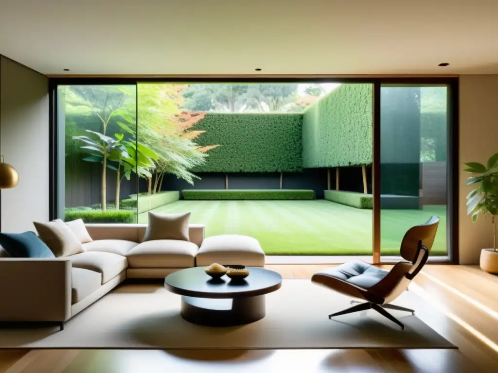 Un salón sereno y minimalista con grandes ventanales que ofrecen vistas a un jardín tranquilo