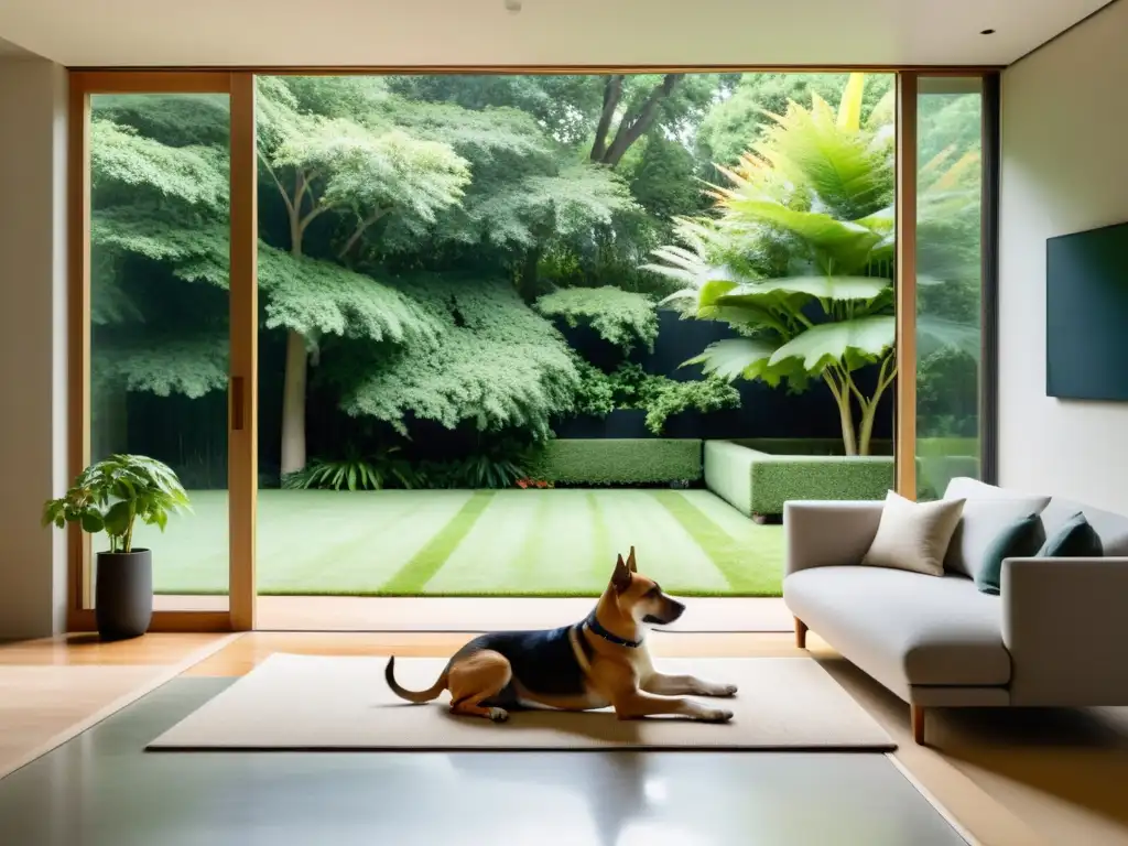 Un salón sereno y minimalista con integración de mascotas y armonía Feng Shui