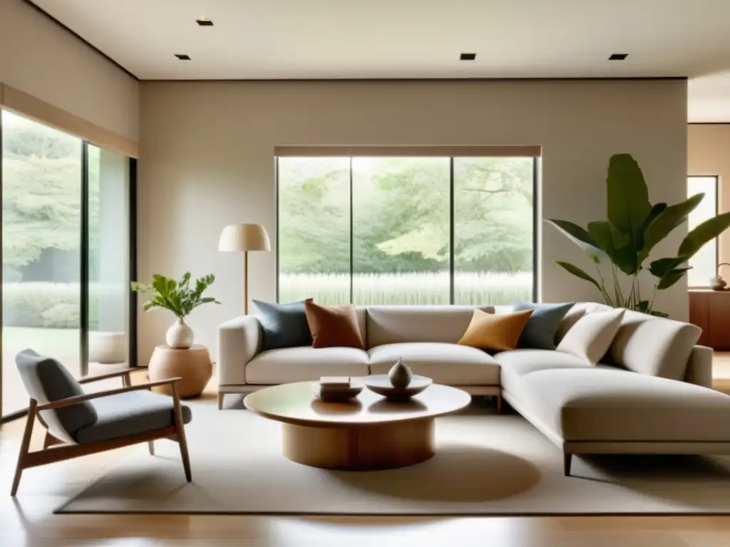 Un salón sereno y minimalista con limpieza energética gracias al feng shui, decorado en tonos suaves y cálidos, inundado de luz natural