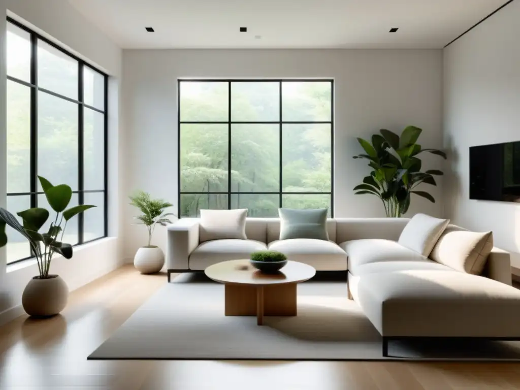 Salón minimalista sereno: equilibrio y paz Un salón sereno y minimalista con una limpieza energética hogar Feng Shui