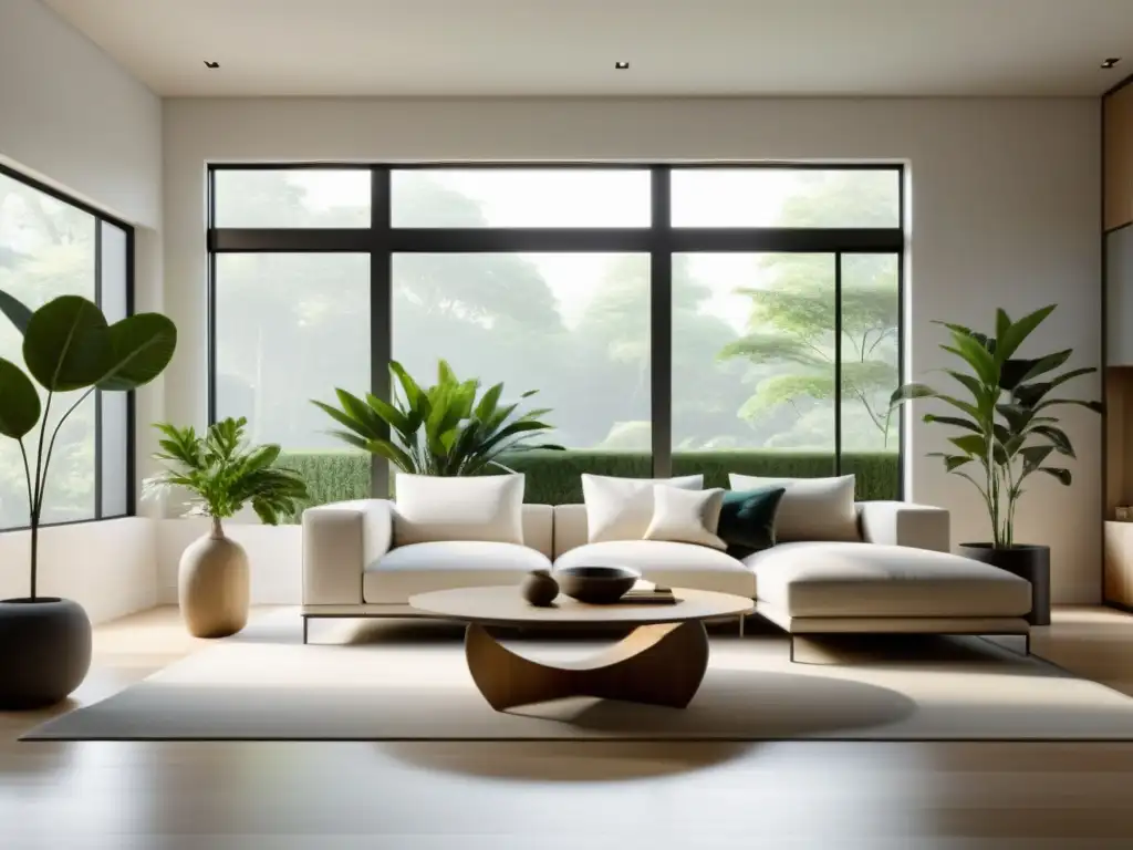 Un salón sereno y minimalista, con líneas limpias, colores neutros y elementos decorativos en armonía con el Feng Shui