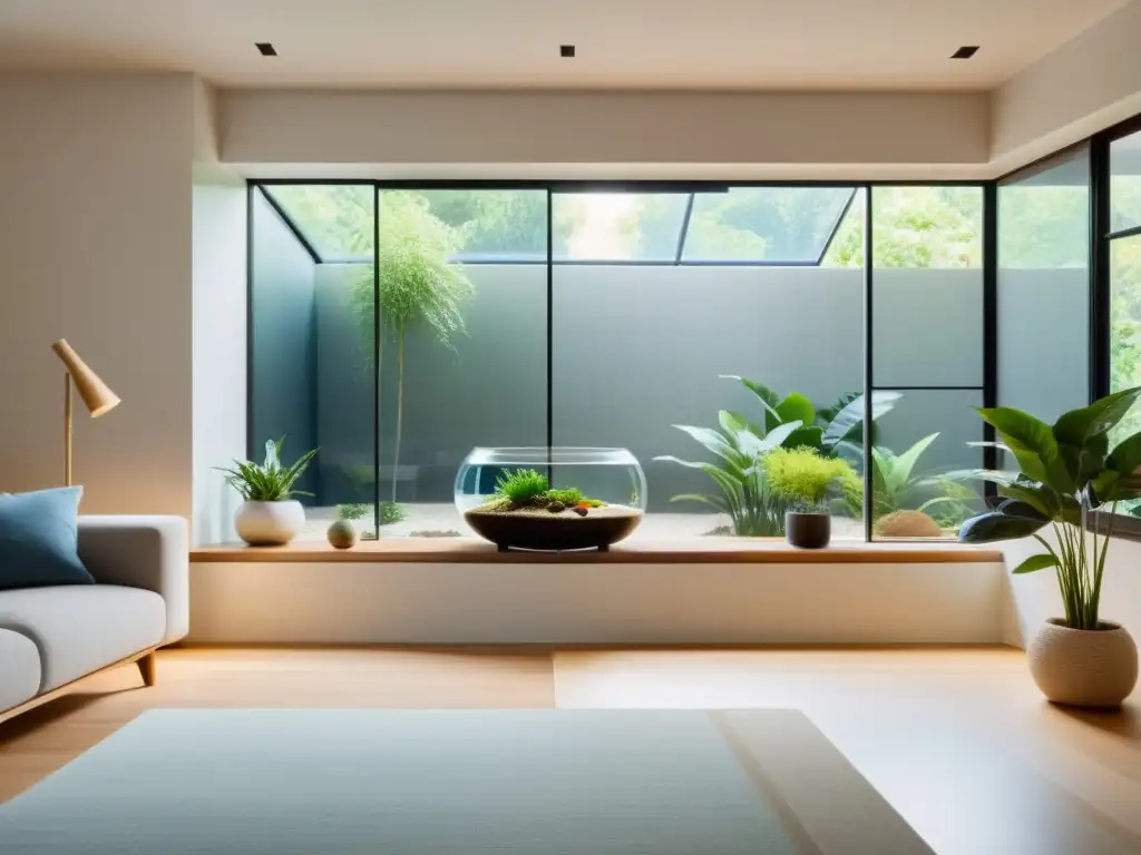 Un salón sereno y minimalista con luz natural, equilibrado con Feng Shui para mascotas en casa