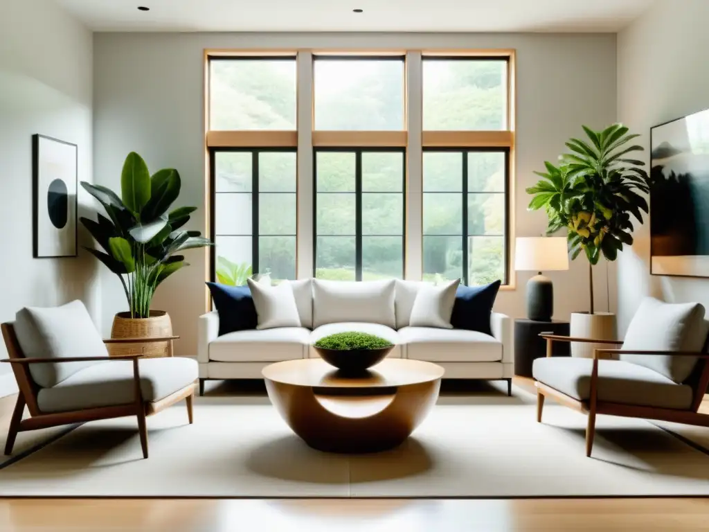 Un salón sereno y minimalista con luz natural y equilibrio en la decoración para implementar el Feng Shui en la limpieza diaria