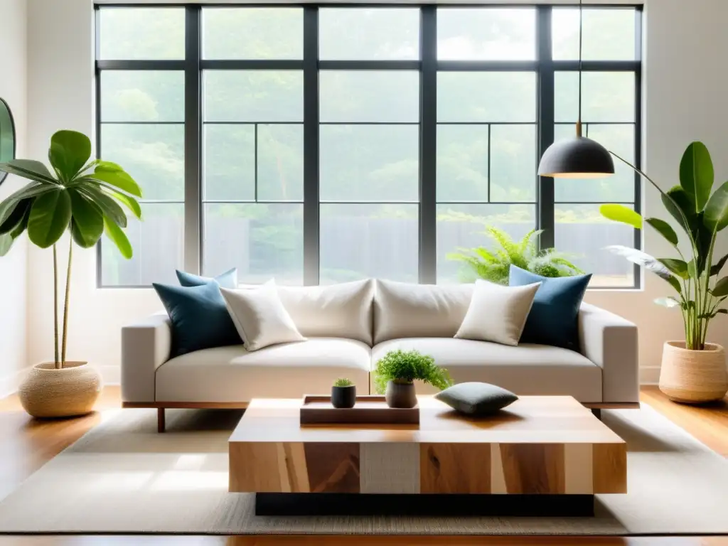 Un salón sereno y minimalista con luz natural y muebles reciclados, siguiendo los Principios de Feng Shui para reciclaje