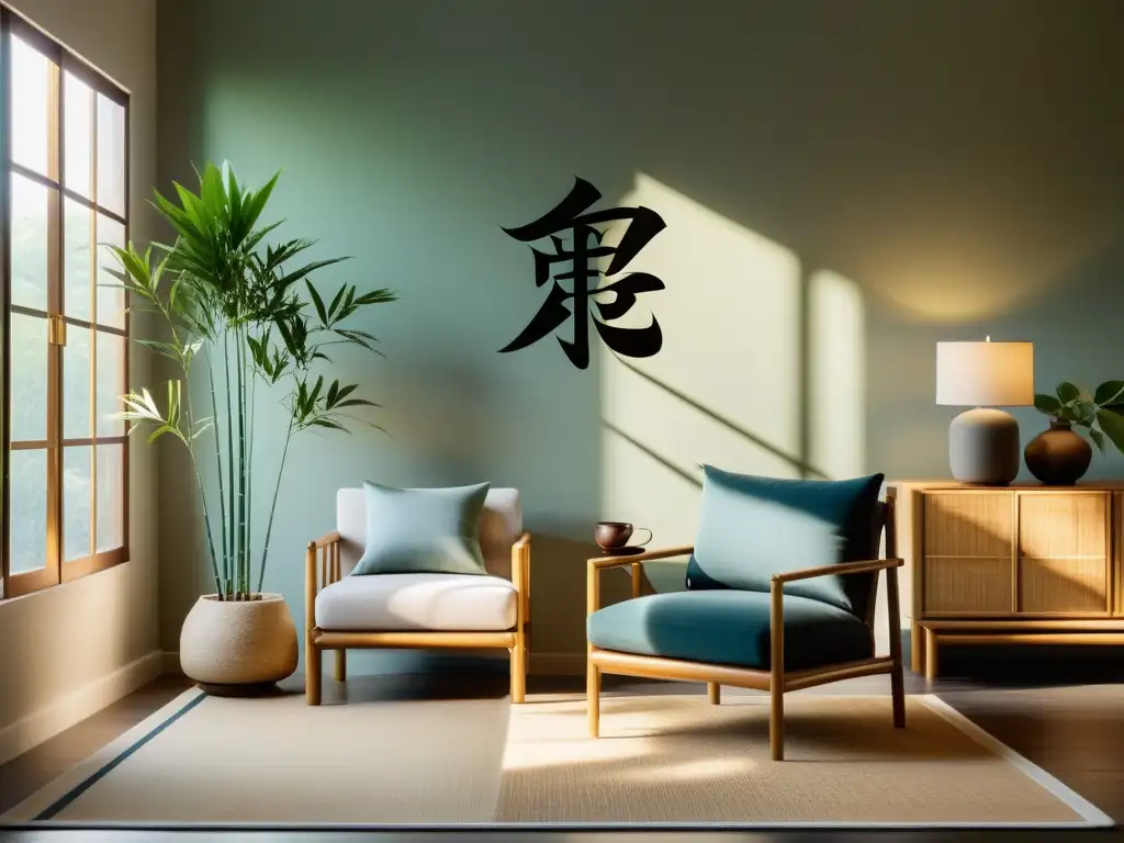 Un salón sereno y minimalista con luz natural y elementos de Feng Shui para hogar