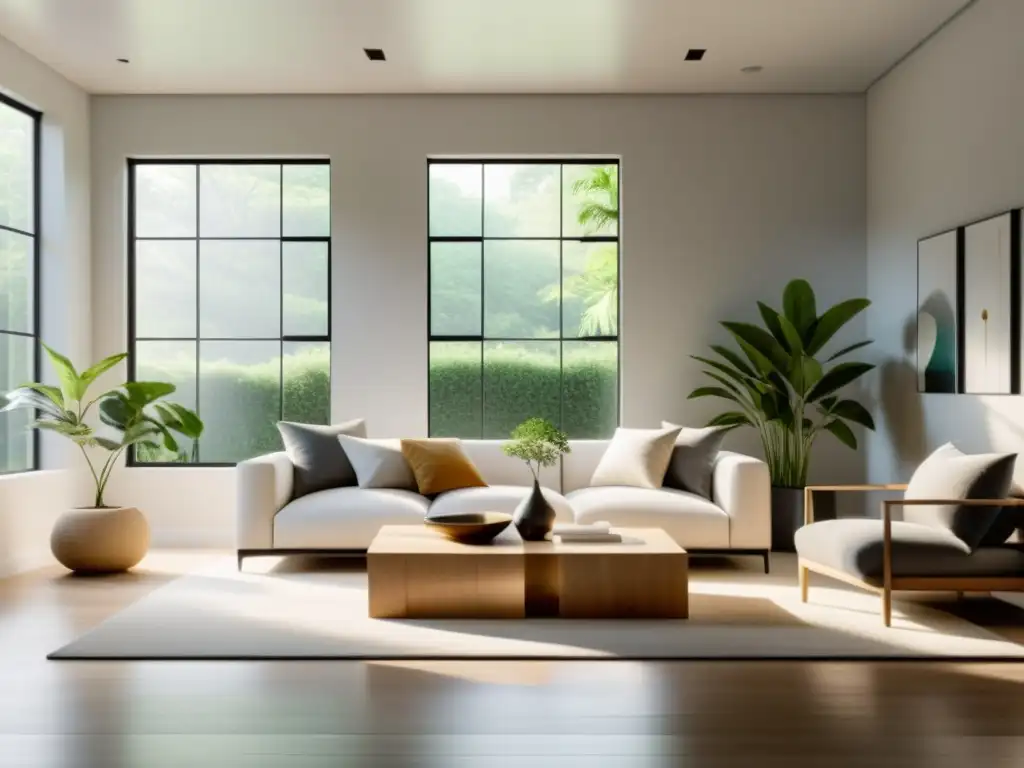 Un salón sereno y minimalista con luz natural que irradia calma y equilibrio, inspirado en los principios del Feng Shui para armonizar la mente