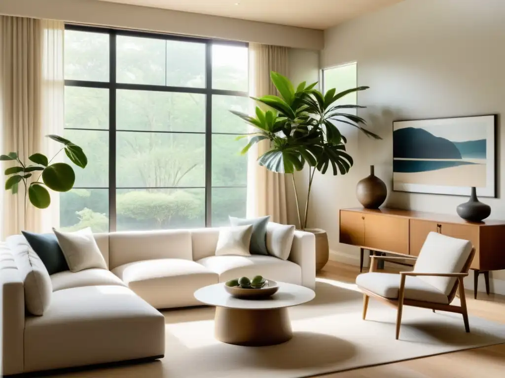 Un salón sereno y minimalista con luz natural, muebles y decoración según los principios del Feng Shui para armonizar la mente