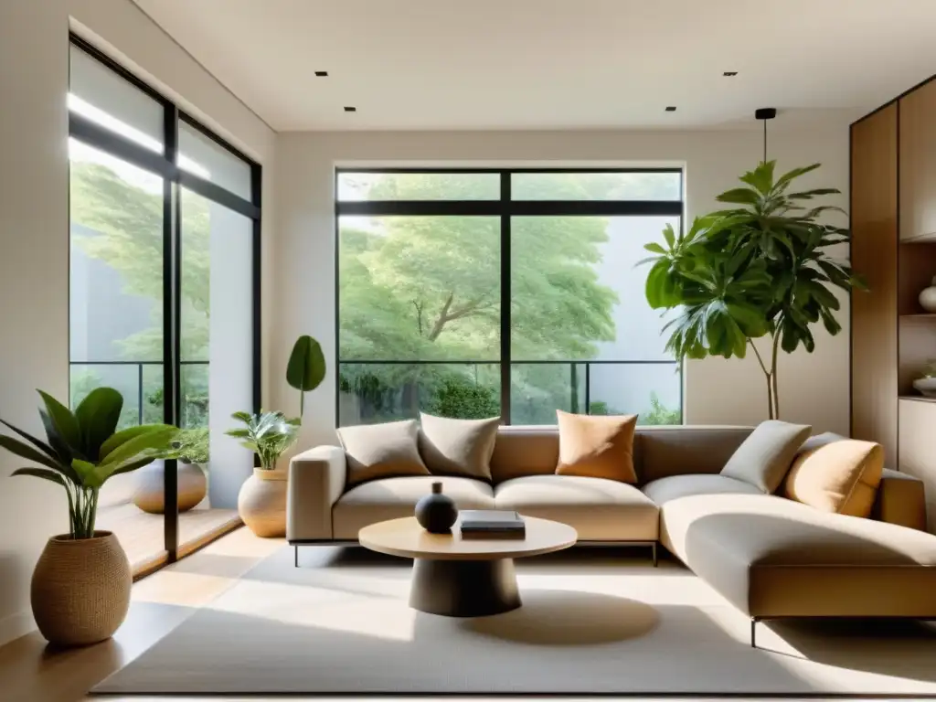 Un salón sereno y minimalista, con luz natural y elementos biofílicos, integrando el diseño Feng Shui en el hogar