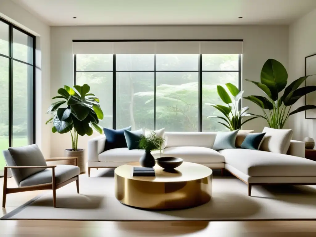 Un salón sereno y minimalista con luz natural, plantas, muebles limpios y tonos neutros