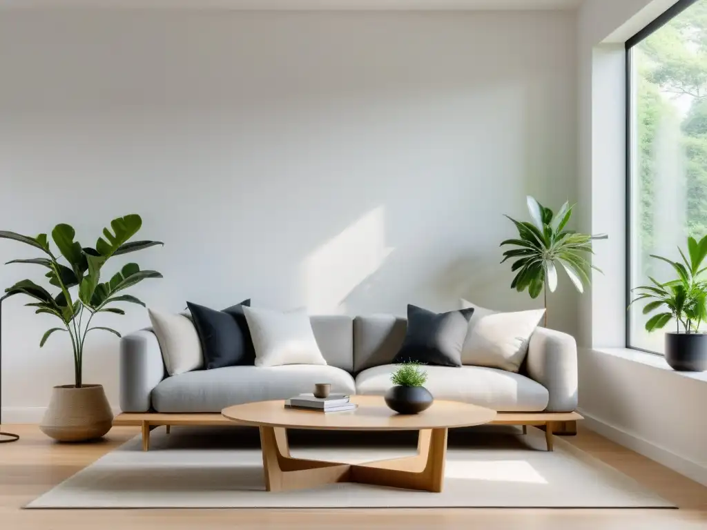 Un salón sereno y minimalista con luz natural, muebles de perfil bajo y toques de Feng Shui