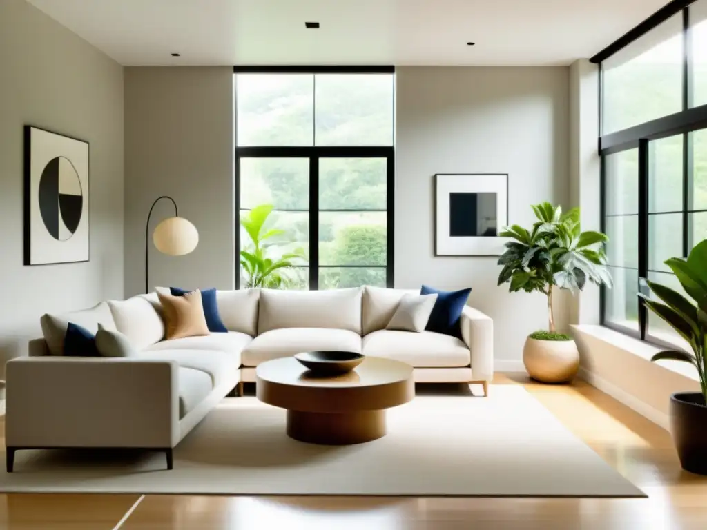 Un salón sereno y minimalista con luz natural, decoración elegante y energía armoniosa, depurando hogar con Feng Shui