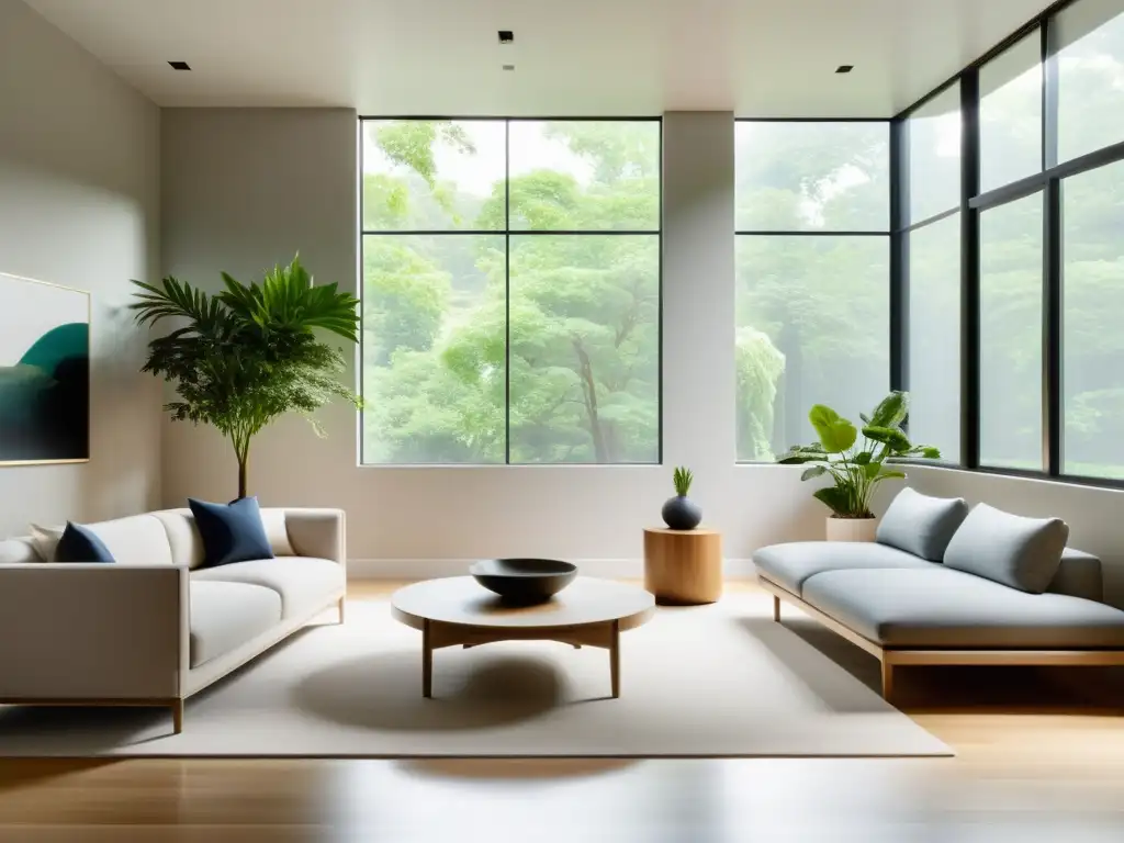 Salón sereno y minimalista con luz natural, muebles armoniosos y planta interior, optimizando el flujo de energía en el hogar con Feng Shui