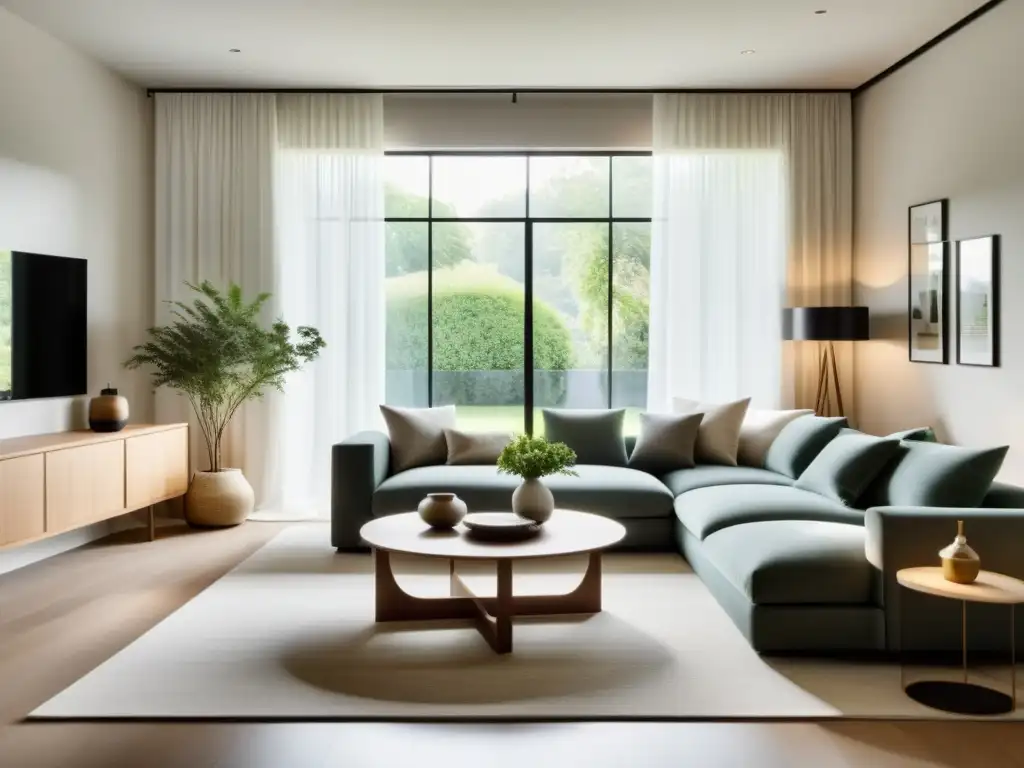 Serenidad y armonía en sala minimalista con luz natural Un salón sereno y minimalista con luz natural, decoración equilibrada y toques de armonía con talleres feng shui armonía hogar