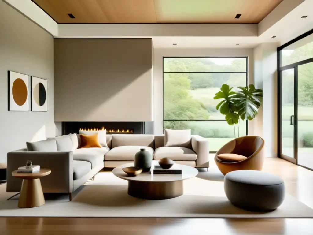 Un salón sereno y minimalista con luz natural, muebles equilibrados según principios de Feng Shui