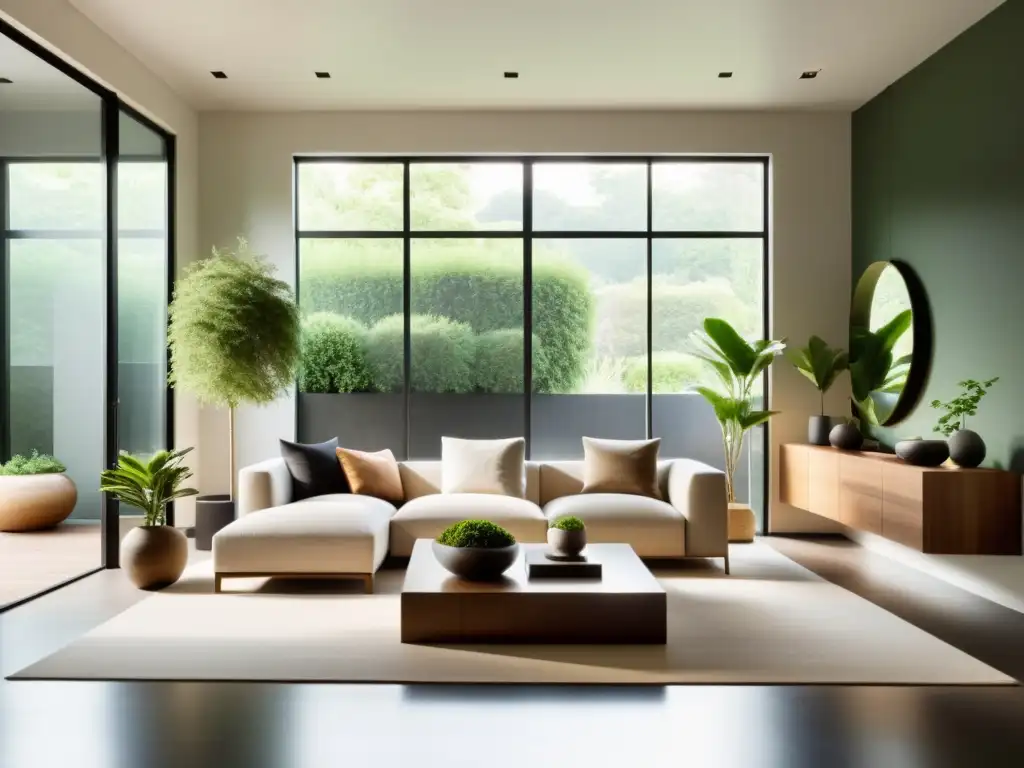 Salón sereno y minimalista con luz natural y toques de naturaleza, depurando hogar con Feng Shui