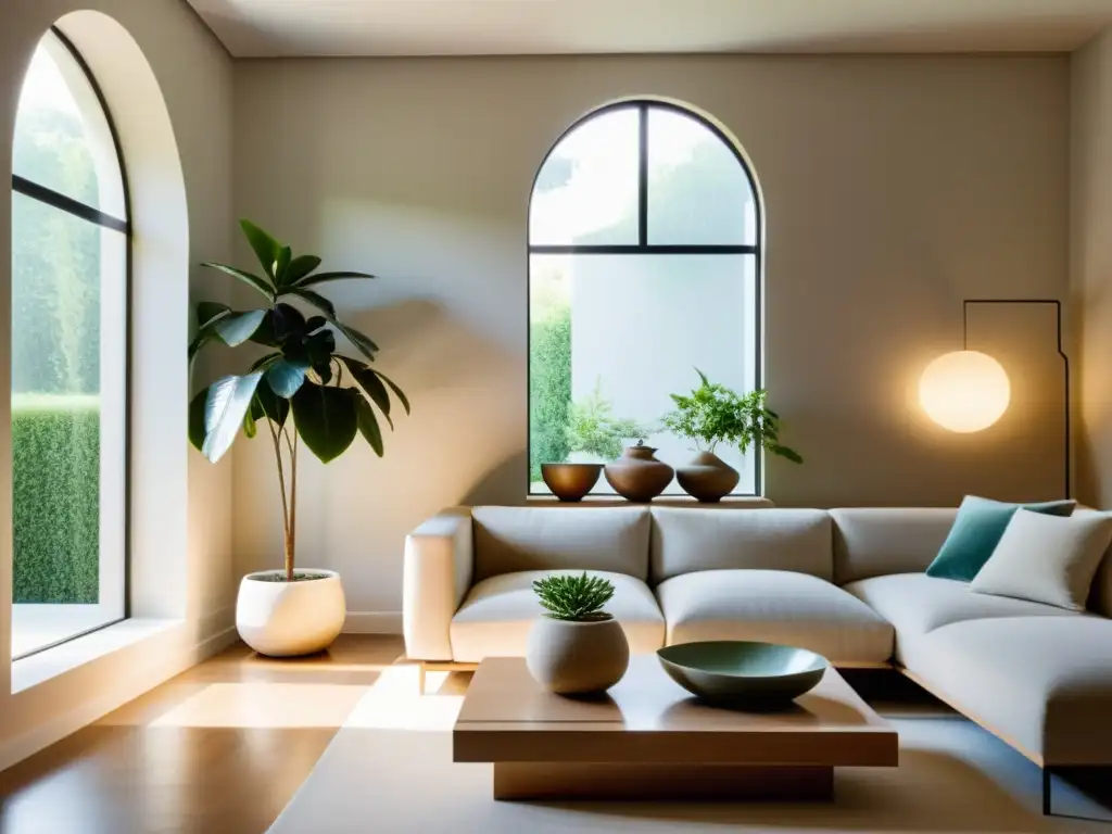 Un salón sereno y minimalista con luz natural, muebles y decoración equilibrada