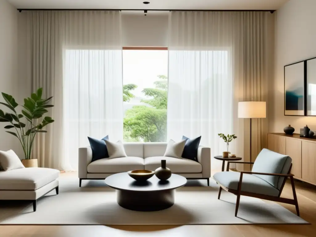 Un salón sereno y minimalista con luz suave y difusor de aromaterapia, feng shui y armonización hogar