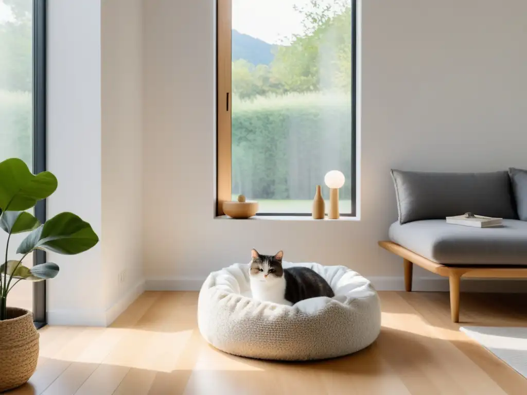 Un salón sereno y minimalista con luz natural, muebles neutrales y una cama para mascotas
