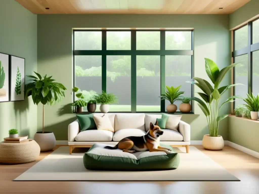 Un salón sereno y minimalista con luz natural y elementos de Feng Shui para mascotas en casa, como camas y rascadores