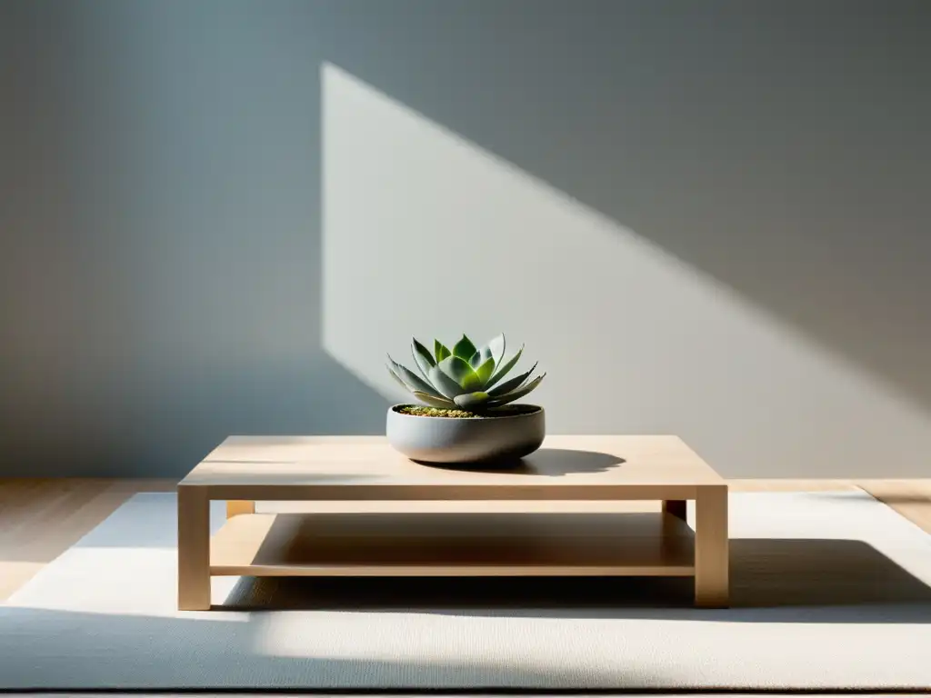 Un salón sereno y minimalista con mesa de café baja de madera clara, adorno de planta suculenta en maceta blanca