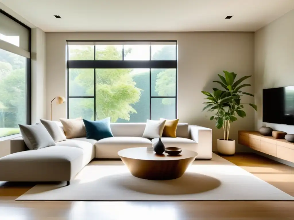 Un salón sereno y minimalista con mobiliario armonizado según principios de feng shui para aceptar envejecimiento, iluminado por luz natural