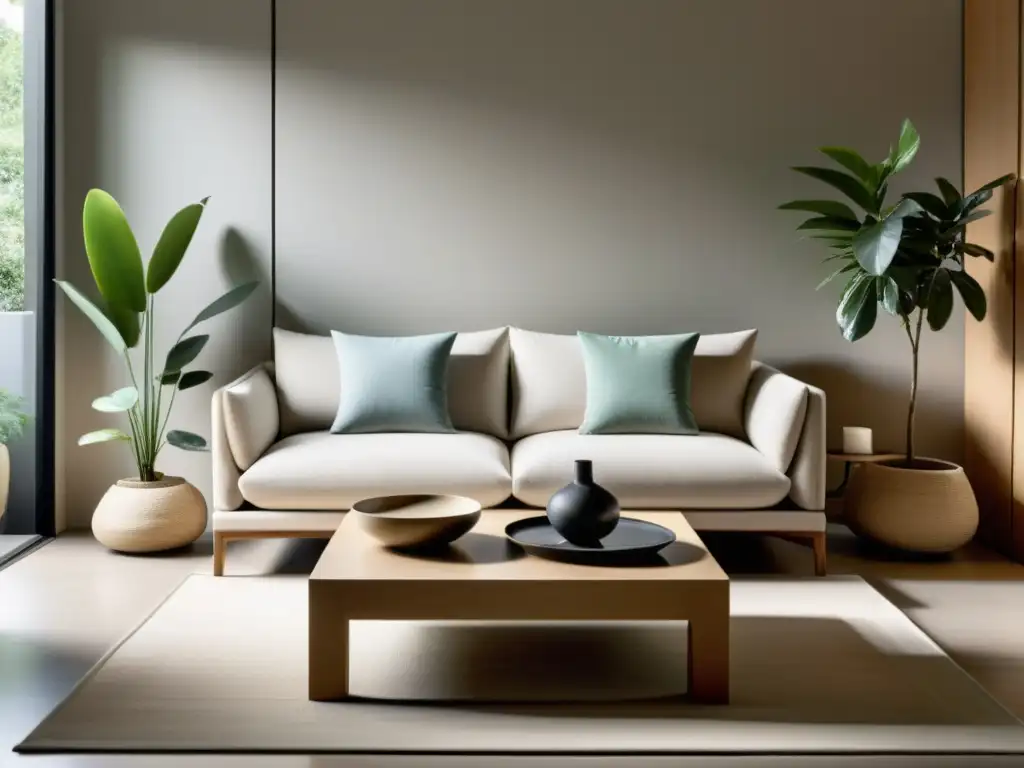 Un salón sereno y minimalista con decoración Feng Shui para momentos de cambio