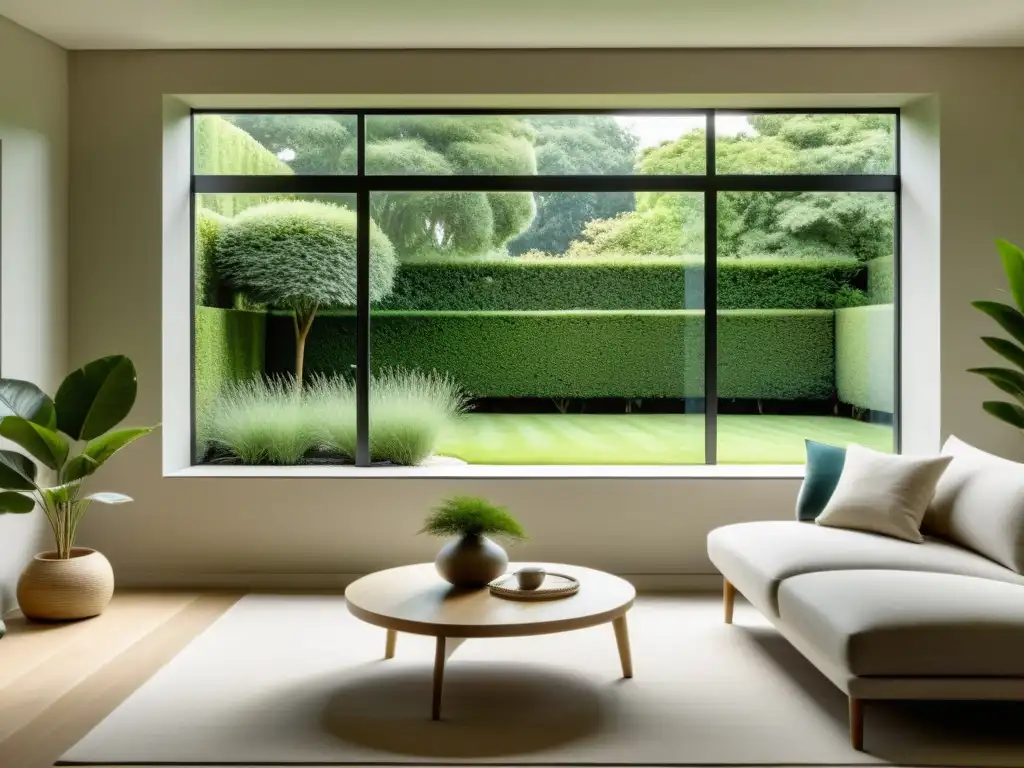 Un salón sereno y minimalista con muebles limpios y una gran ventana que ofrece vistas a un exuberante jardín