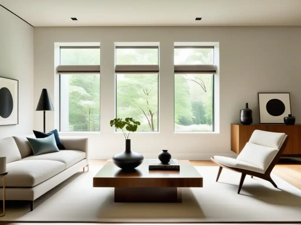 Salón sereno y minimalista con muebles elegantes y equilibrio Feng Shui