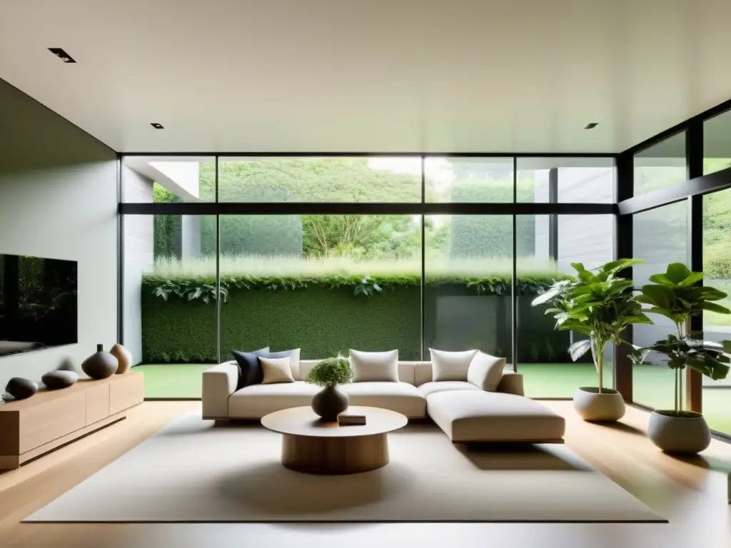 Un salón sereno y minimalista con muebles modernos y tonos terrosos, bañado por luz natural e integrando el Feng Shui innovador con biofilia digital