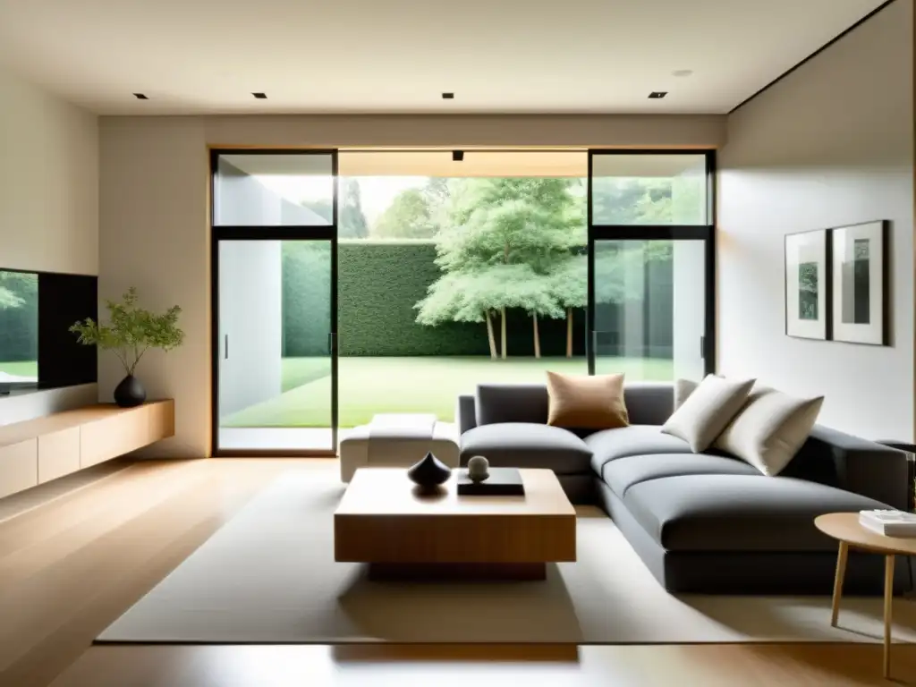 Un salón sereno y minimalista con iluminación natural y principios de Feng Shui para un hogar luminoso y armonioso