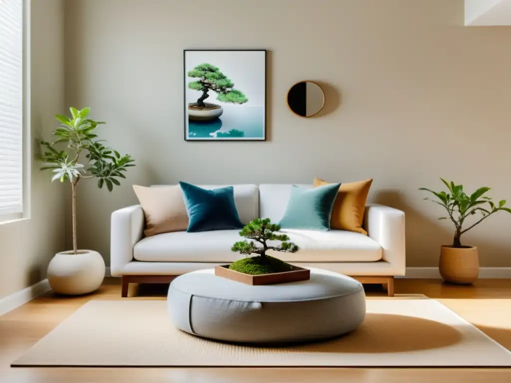 Serenidad en casa: sala minimalista con rincón de meditación Un salón sereno y minimalista con un rincón de meditación bien organizado, ideal para practicar Feng Shui en apartamentos pequeños