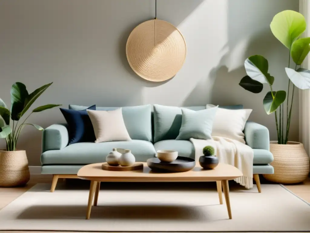 Un salón sereno y minimalista con paleta de colores Feng Shui, luz natural y ambiente armonioso