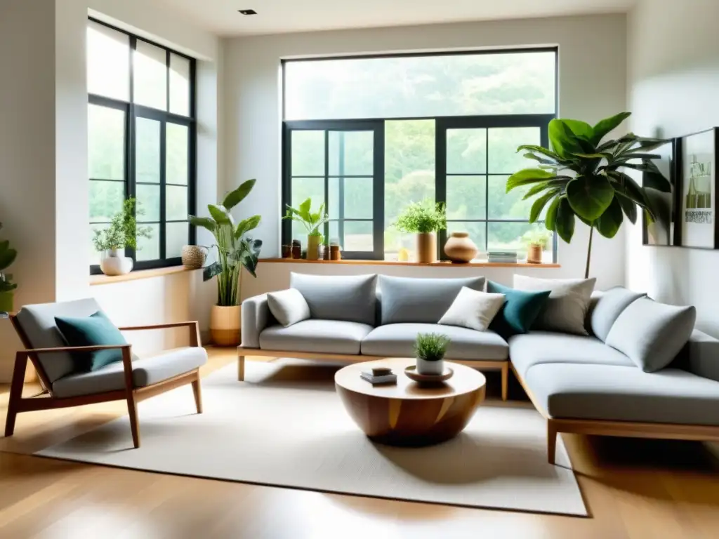 Un salón sereno y minimalista con plantas cuidadosamente dispuestas, luz natural y decoración reciclada