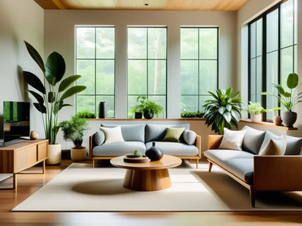 Un salón sereno y minimalista con plantas, luz natural y decoración reciclada