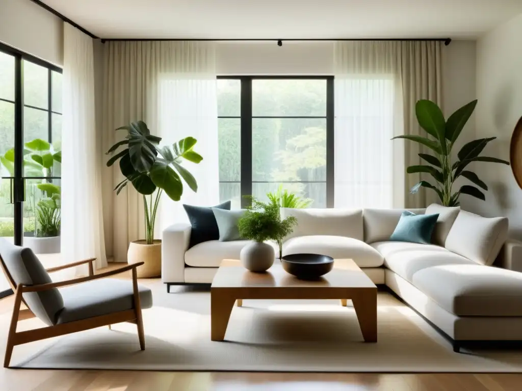 Un salón sereno y minimalista con suave luz natural, plantas, mesa de madera y zona de estar acogedora