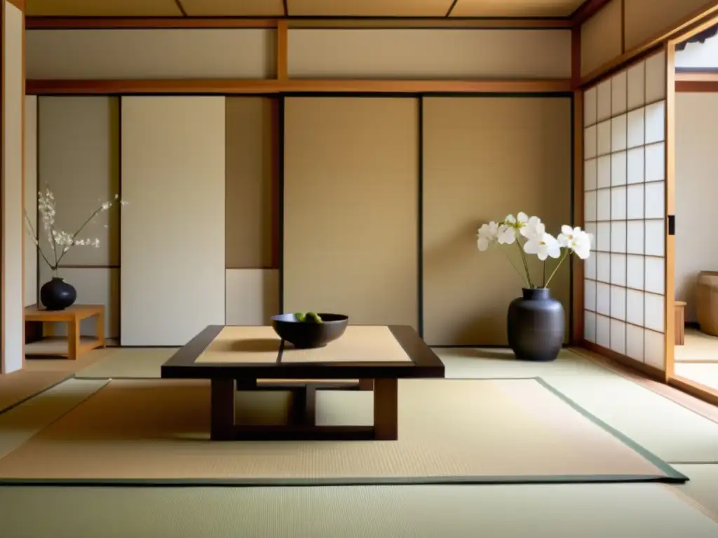 Un salón sereno y minimalista con tatami japonés, shoji y una ikebana