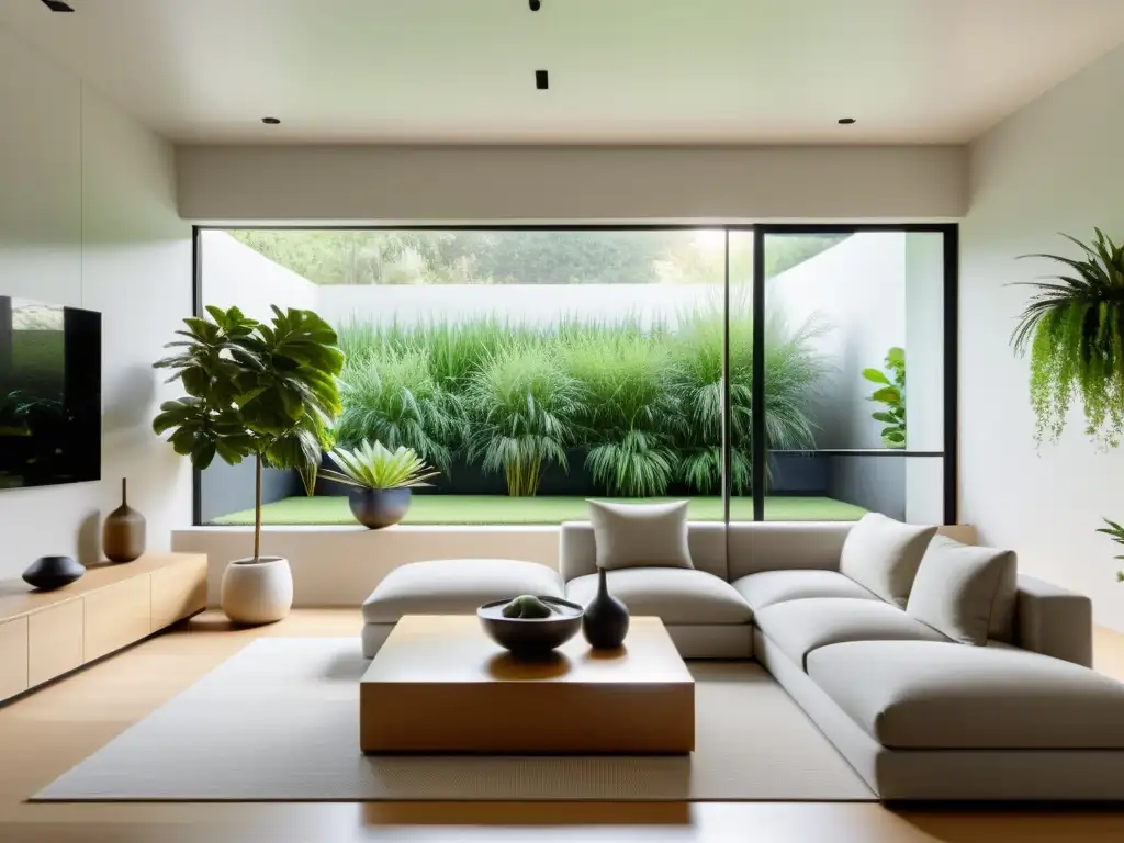 Salón sereno y minimalista con técnicas de Feng Shui dinámico en el hogar, inundado de luz natural y armonía