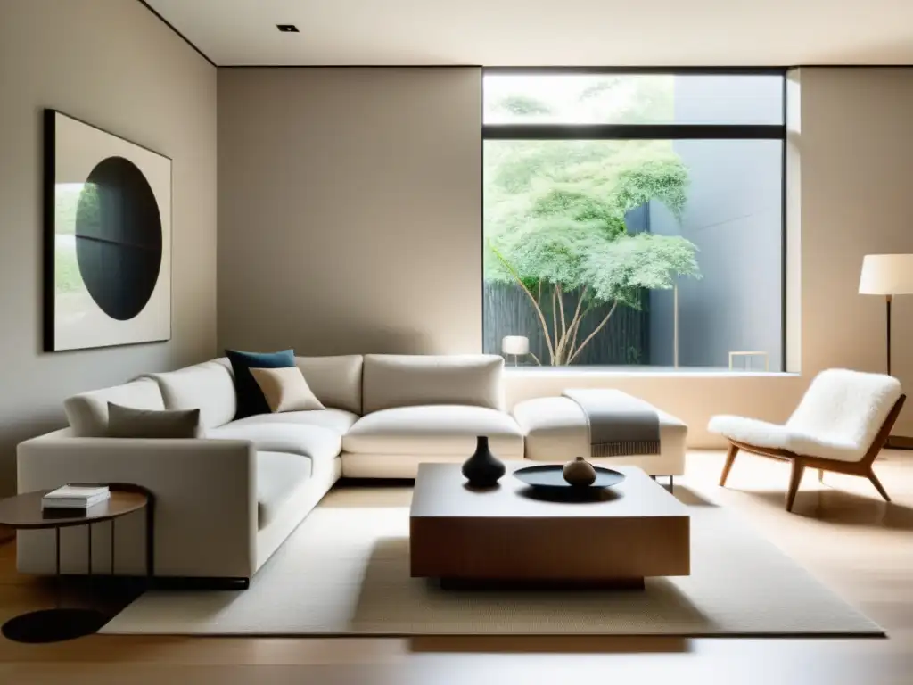 Un salón sereno y minimalista con tonos neutros, líneas limpias y luz natural