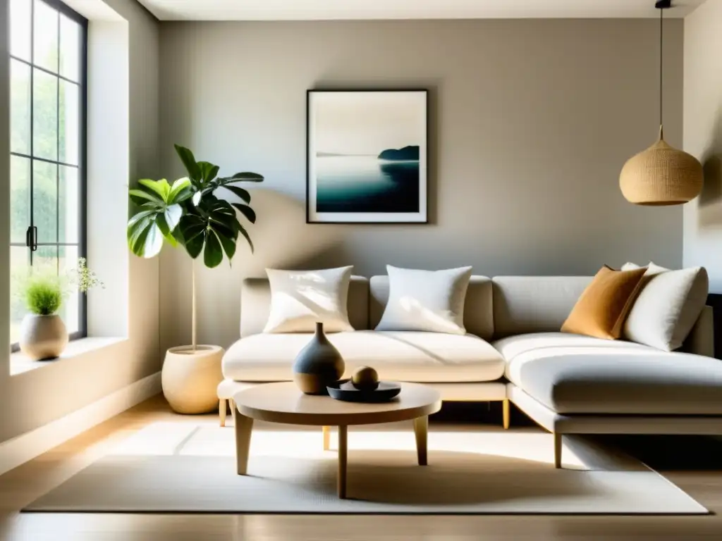 Un salón sereno y minimalista con tonos suaves y muebles según el Feng Shui, bañado en luz natural y paz interior mediante el Feng Shui