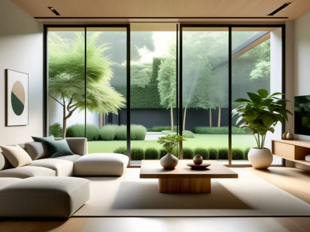 Un salón sereno y minimalista con vista a un jardín tranquilo