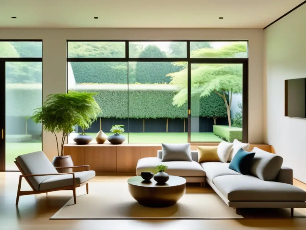 Un salón sereno y minimalista con vista a un jardín, integrando la evolución del feng shui en la vida cotidiana