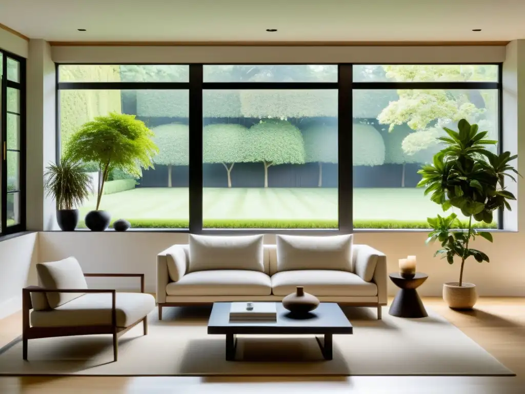 Un salón sereno y minimalista con vista a un jardín tranquilo