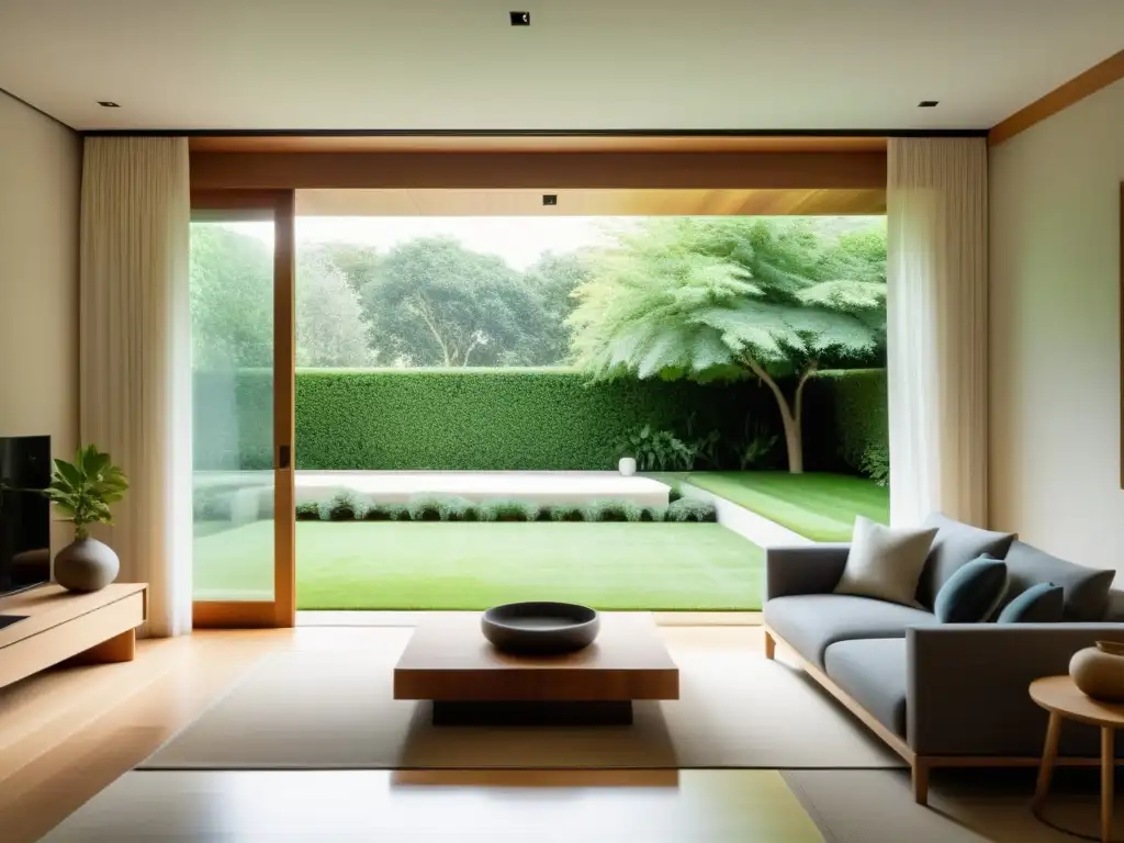 Salón sereno y minimalista con vista a jardín, decorado con elementos naturales