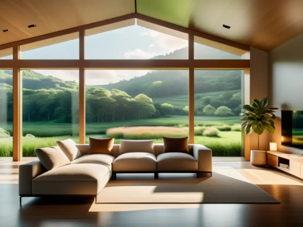 Un salón sereno y minimalista con vistas a un paisaje verde exuberante