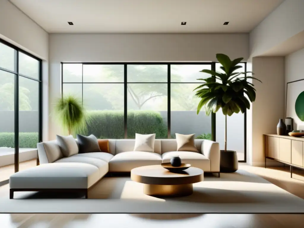 Salón minimalista armonizado con Feng Shui Salón sereno con mobiliario minimalista en armonización del hogar con Feng Shui, paleta de colores neutros y luz natural