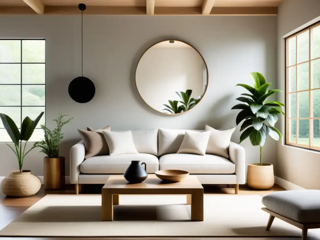 Un salón sereno con mobiliario y decoración minimalista, luz natural y elementos reciclados, reflejando los Principios de Feng Shui para reciclaje